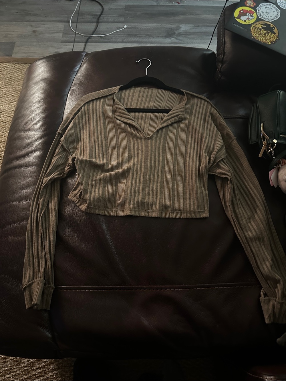 Striped Cropped Long Sleeve Top - Olive/Brown